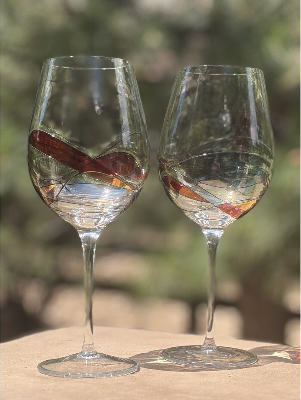 2 Milano Stained Glass Wine Glasses Romania HUGE 32oz Hand Blown Art Glass EUC
